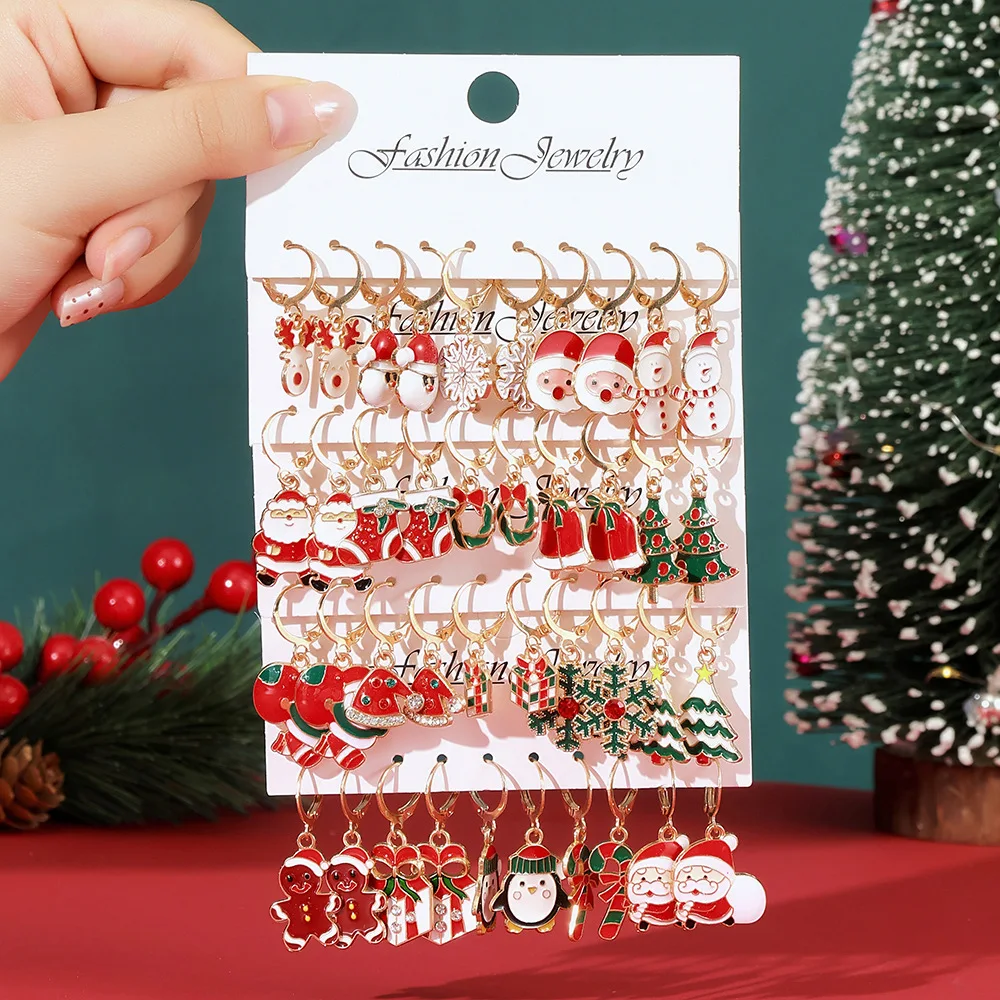Nuevos pendientes de aro con diseño de Papá Noel en colores rojo y verde vibrantes, de la serie navideña, con detalles en aleación y efecto de gota de aceite, para crear una atmósfera festiva.