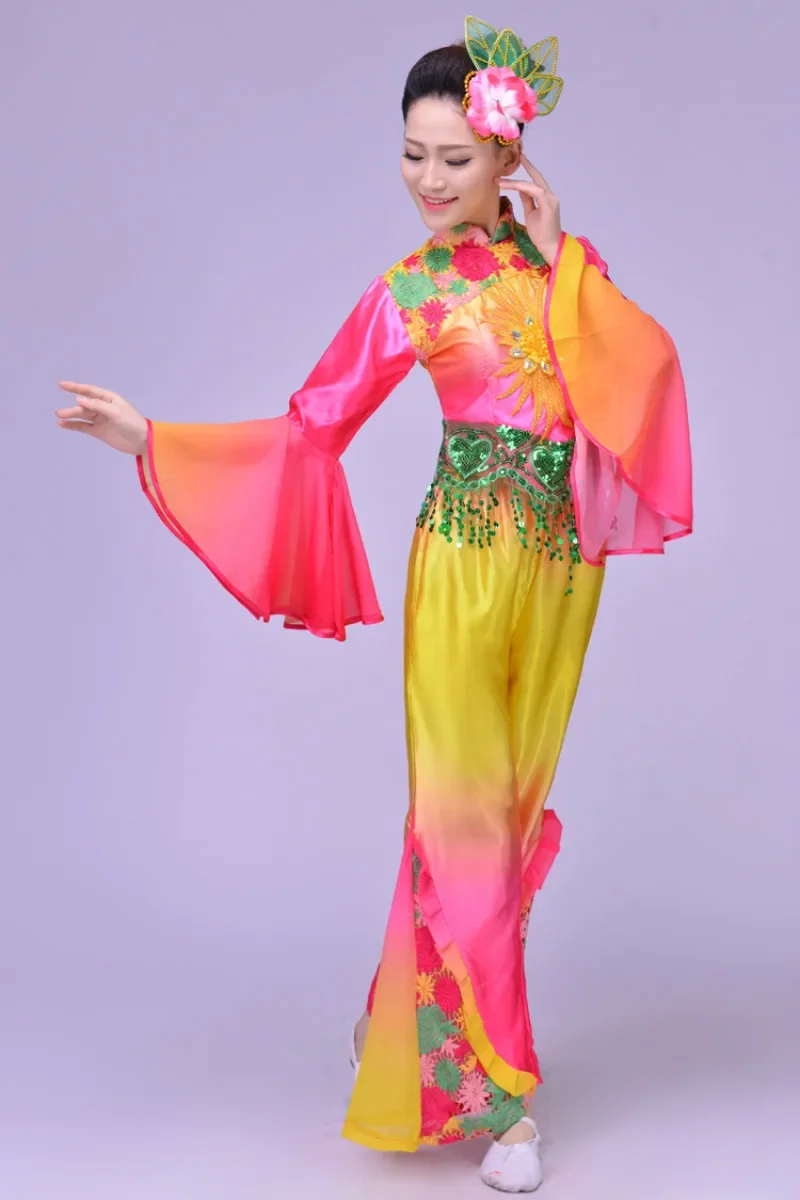 Ropa tradicional china para mujer, traje amarillo de Fan de la danza folclórica de Yangko antiguo, trajes de baile para mujer