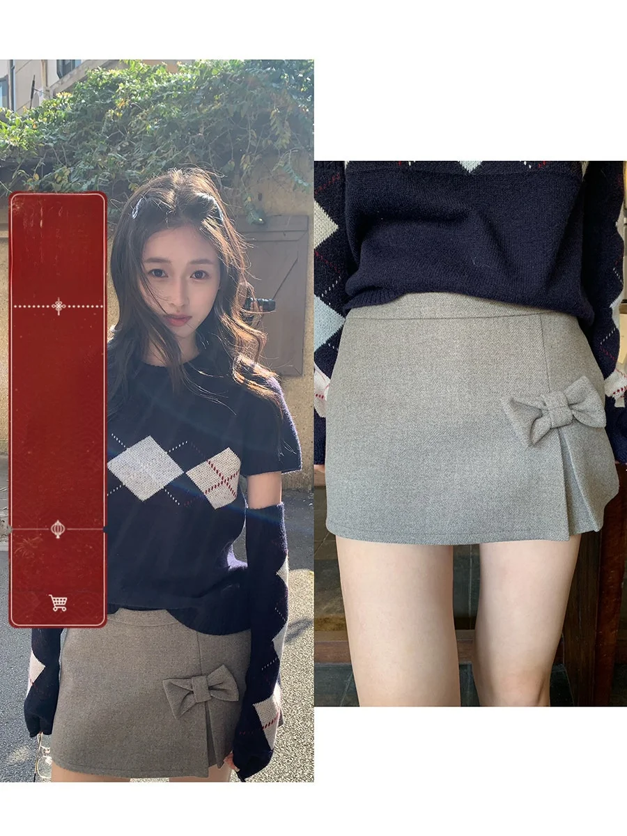 

Sinbounboun Юбка трапециевидной формы с высокой талией и милым бантом, корейские юбки длиной f для предотвращения воздействия для женщин