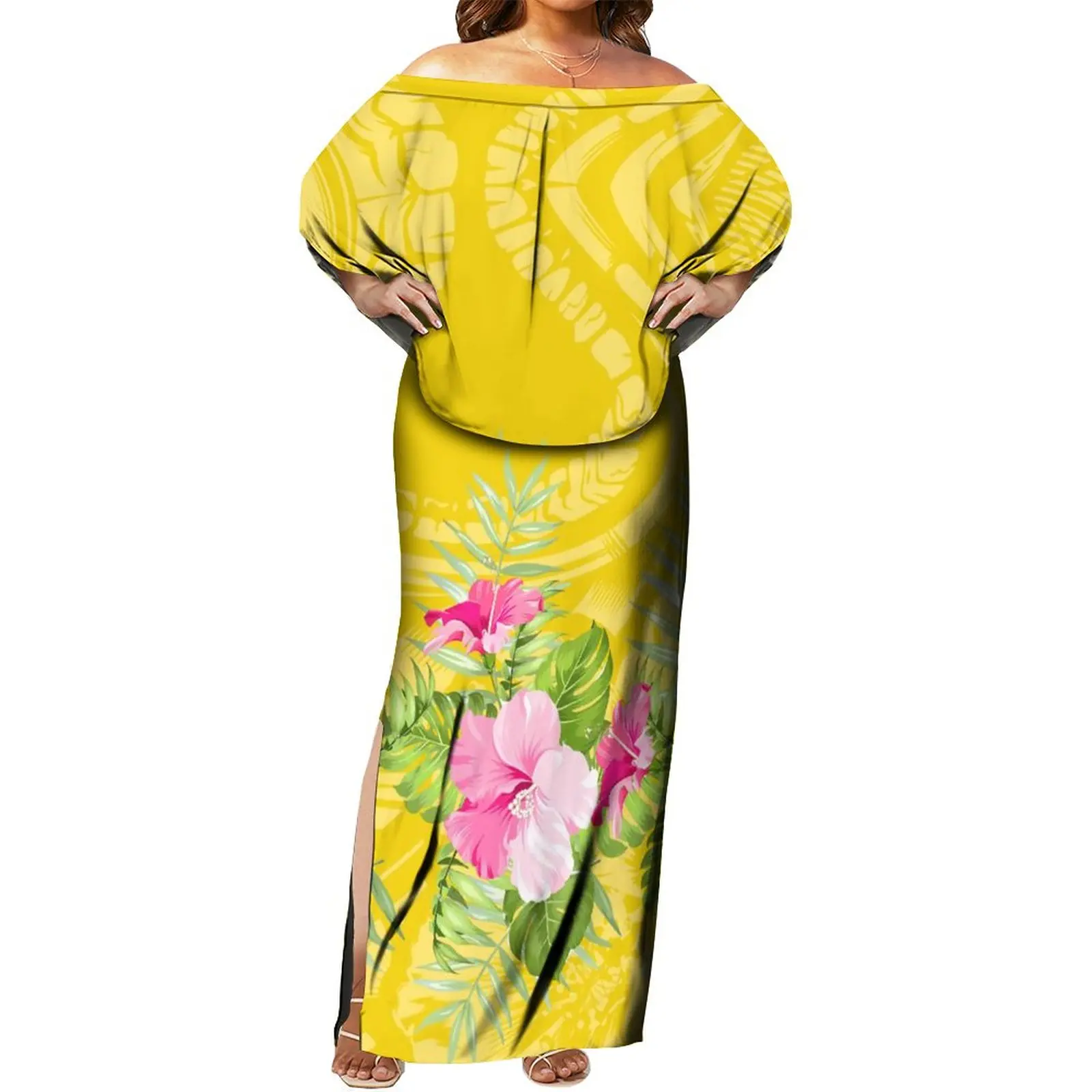 Polynesian National Style Women'S Maxi Dress Slit Layered Pleated Off-Shoulder Dress Plus Size 6xl Women'S Custom