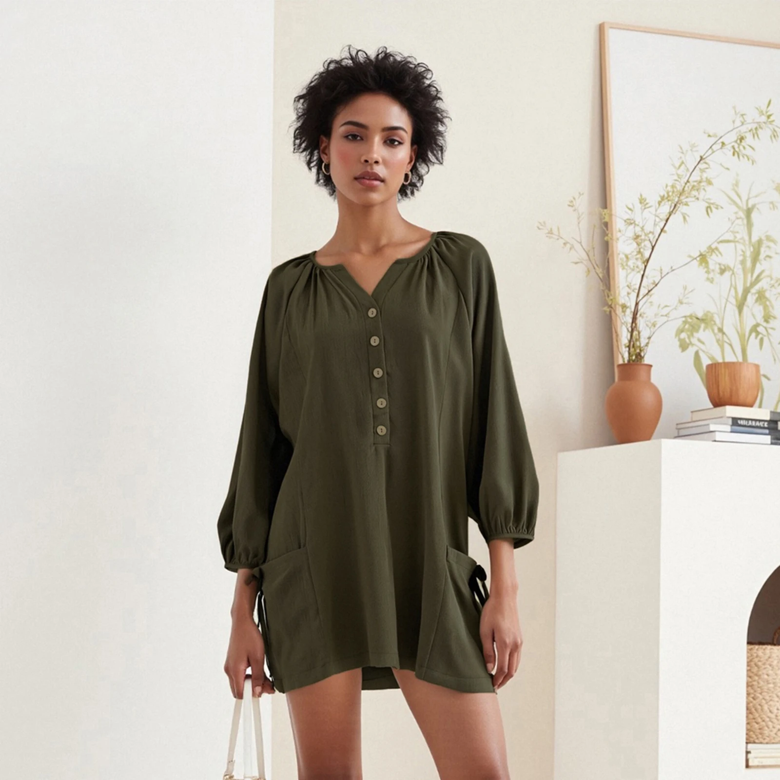 Women s Short T-shirt Dress Long Lantern Sleeve Round Neck Solid Color Button Up Dress with Pockets
