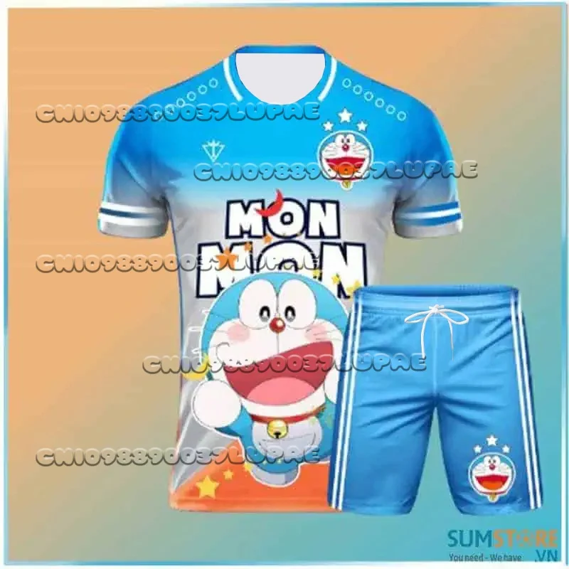

2025 New MINISO Boys And Girls Doraemon Cartoon Printed Short Sleeve Set For Men And Women Summer Fashion Family Travel T-shirt