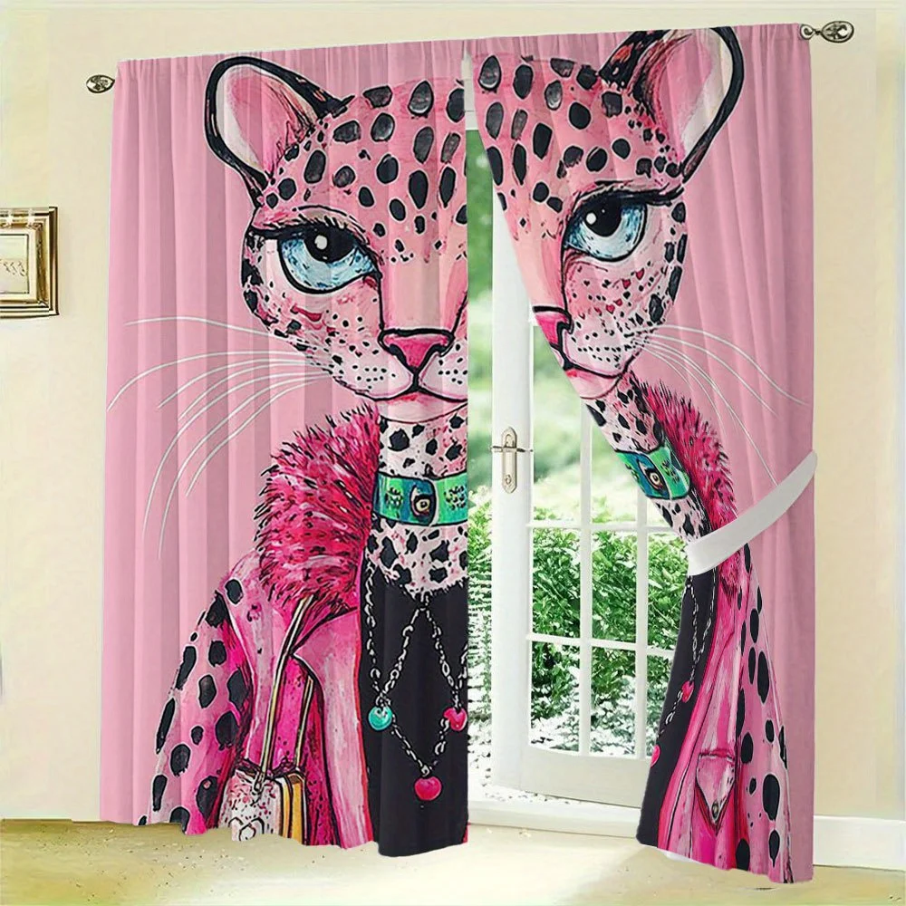Chic Pink Leopard Print Pop Art Curtains Novelty Window Drapes for Bedroom Bathroom Living Room Decorative Fun Animal Print