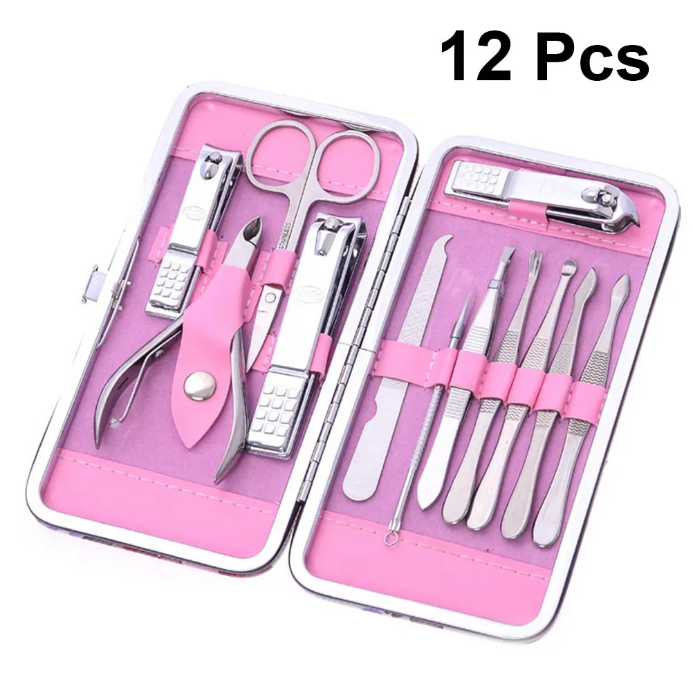 12개입 손톱깎이 세트 스테인리스 스틸 매니큐어 페디큐어 키트 휴대용 손톱 관리 도구 가정 여행용 큐티클 클리퍼