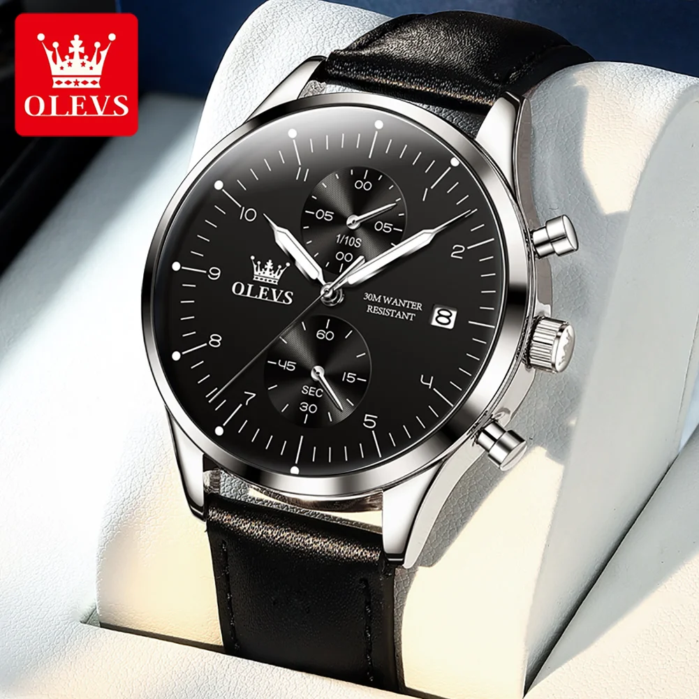 OLEVS Quartz Watch for Men Black Leather Strap Chronograph Waterproof Luminous Sport Men's Wristwatch Luxury Top Brand Man Watch