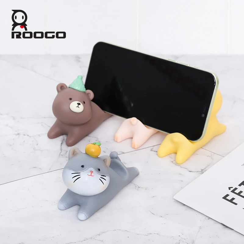 ROOGO Lovely Animals Phone Holder Kawaii Accessories PVC Phone Support Cat Rabbit Dog Pig Ornament Mini for Home Office Desk