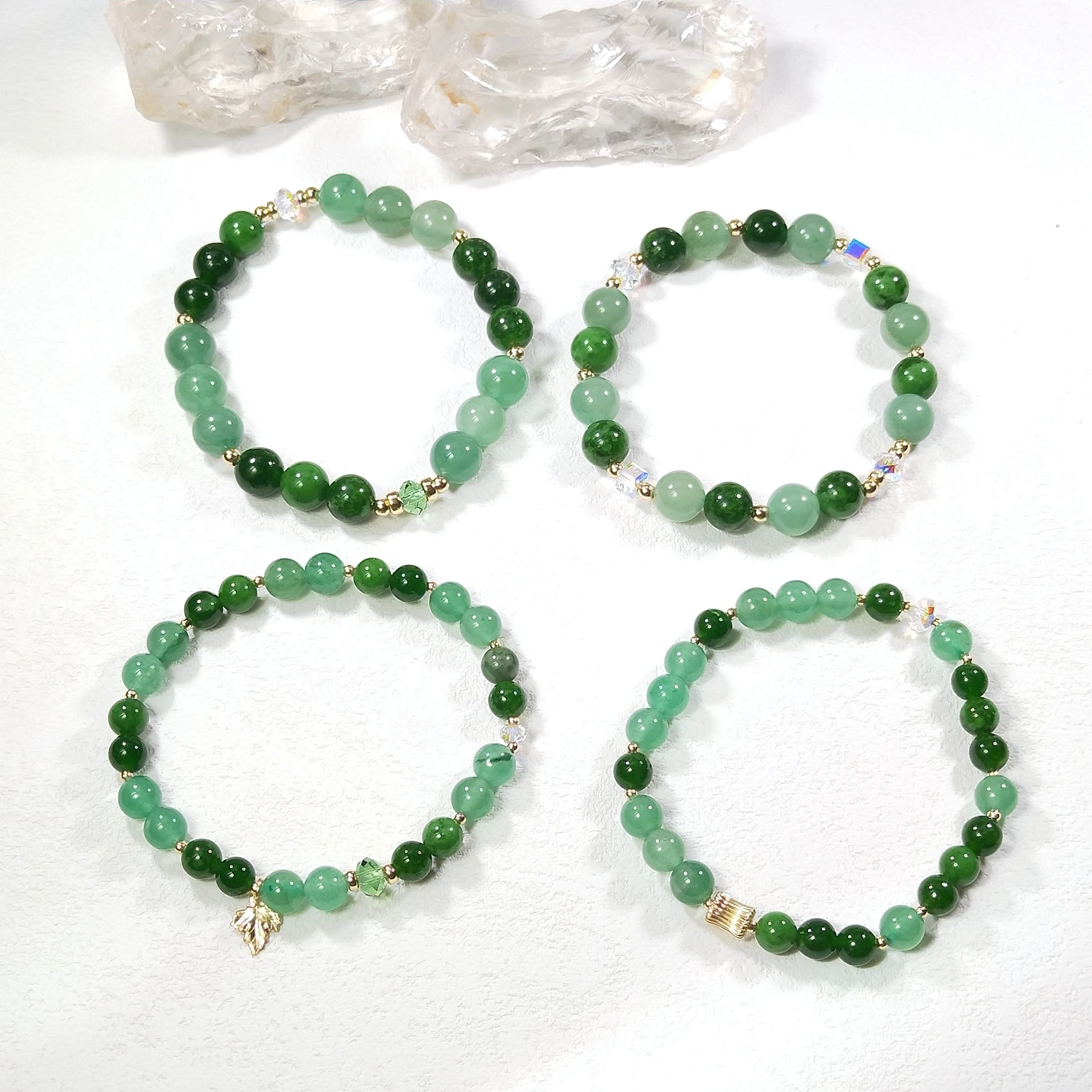 Lii Ji Natural Green Aventurine Green Jade 6/8mm With Crystal Stainless Steel Elastic Bracelet