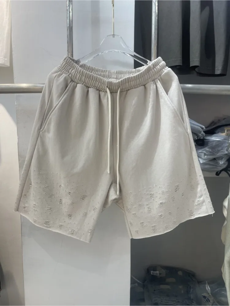 

Retro Distred Straight Leg orts with Dstring High Street Loose Fit Sports Casual Pants for Teenagers Summer Wear