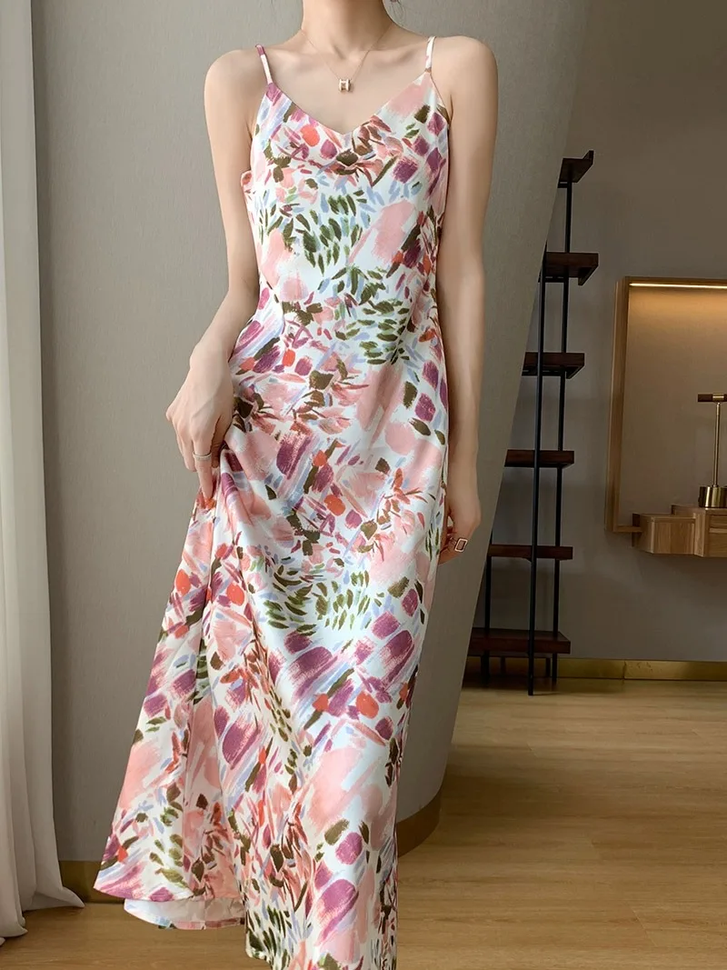 Ele seda cetim ter Dr feminino estampa floral emagrecimento V-Ne A-Line longo Dr temporada de verão cintura alta Sle