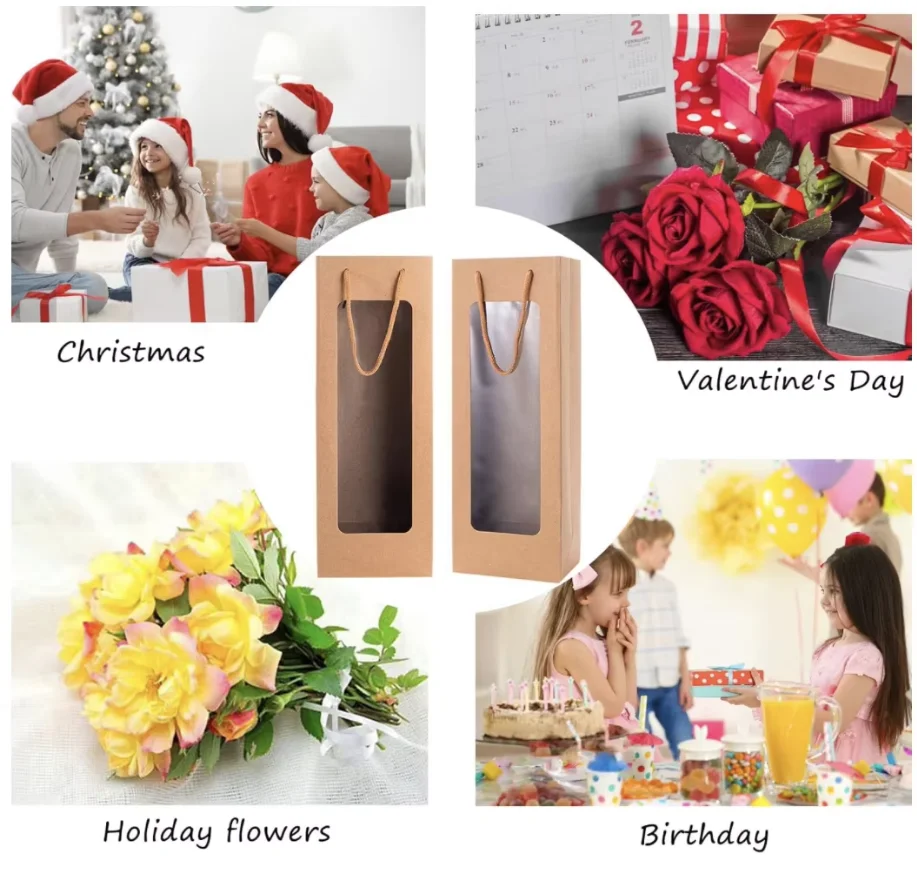 حقيبة هدايا النبيذ مع نافذة، 20 عبوة من أكياس النبيذ الورقية بطول 4.13 بوصة × 3.35 بوصة × 14.2 بوصة لزجاجة النبيذ، حقيبة هدايا بنية لعيد ميلاد السنة الجديدة