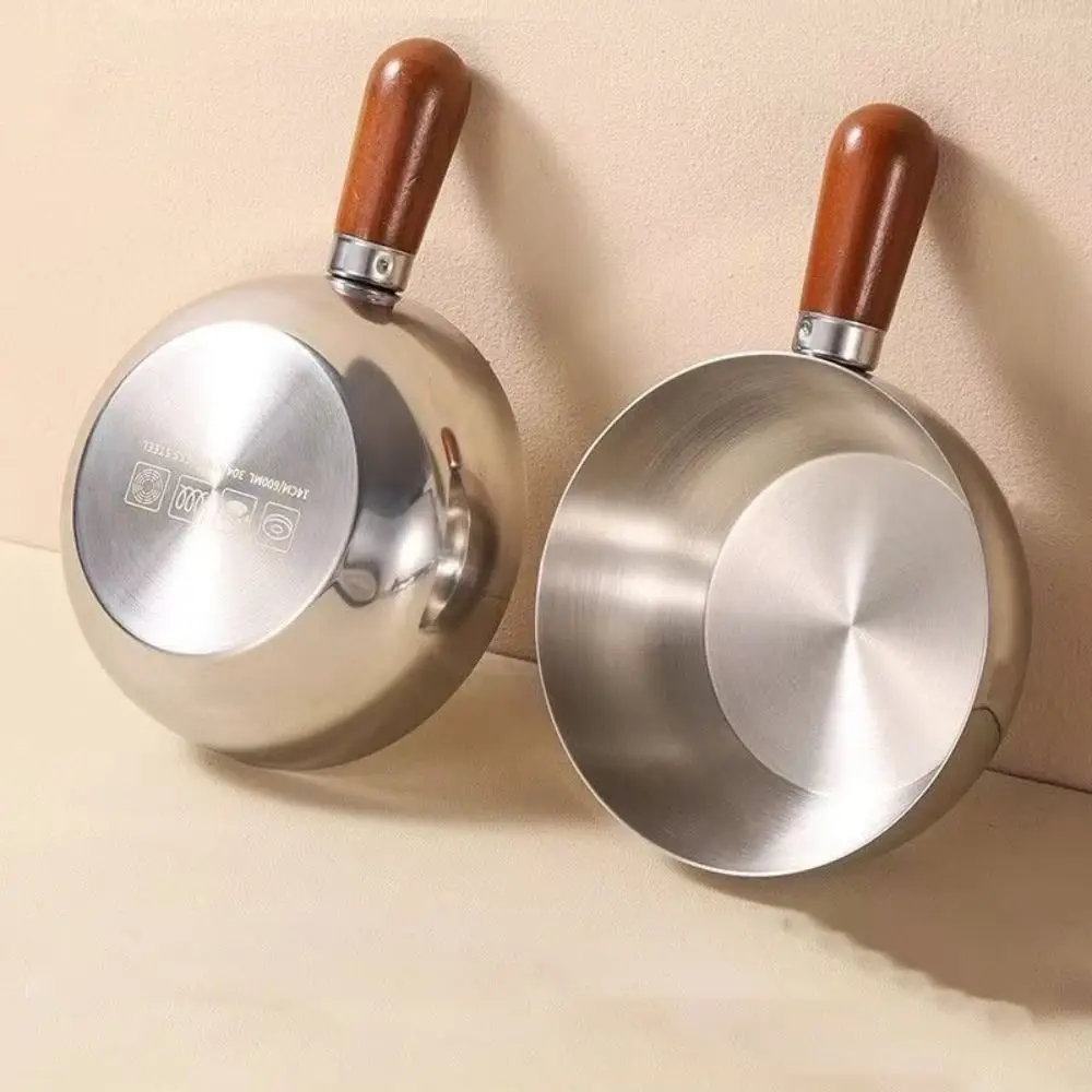 Portable Mini Size 201 Stainless Steel Pot Portable Walnut Wood Handle Small Pot Bowl Multi-Function Heat-Resistant Salad Bowl