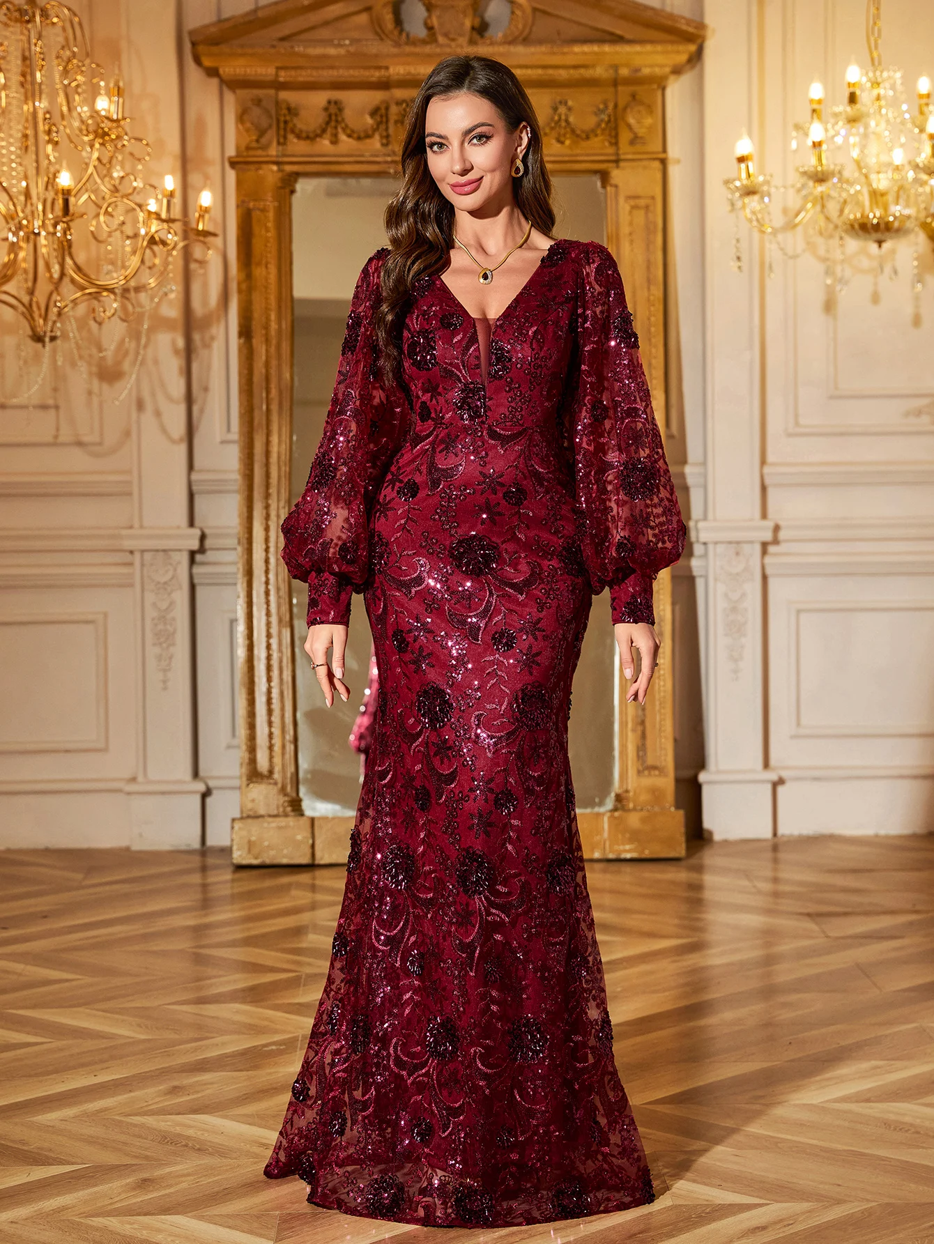 UNITHORSE عشوائي الأزهار المرأة فانوس على شكل حرف v كم الترتر المرقعة التطريز التخسيس الخصر حفلة ثوب مسائي فستان