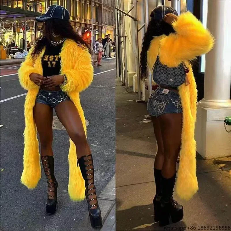 Street Hipster Solid Color Thickened Imitation Fur Long Hair Coat Coat European and American Style Fashion Personality Front