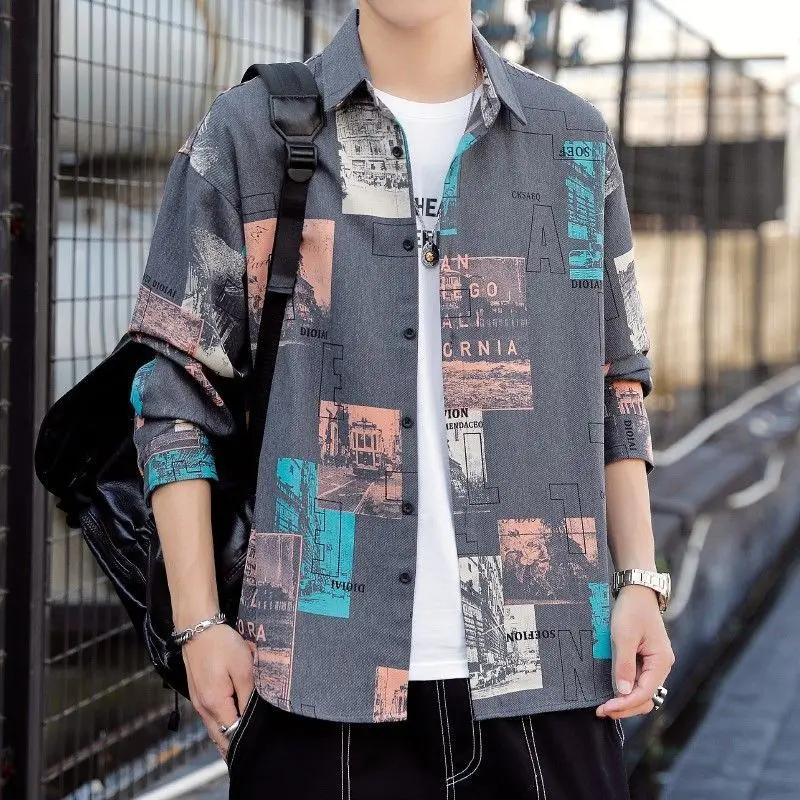 Blusa de manga larga holgada para hombre, camisa informal con estampado de letras Y2K, combina con todo, ropa de calle de tendencia coreana, Otoño e Invierno