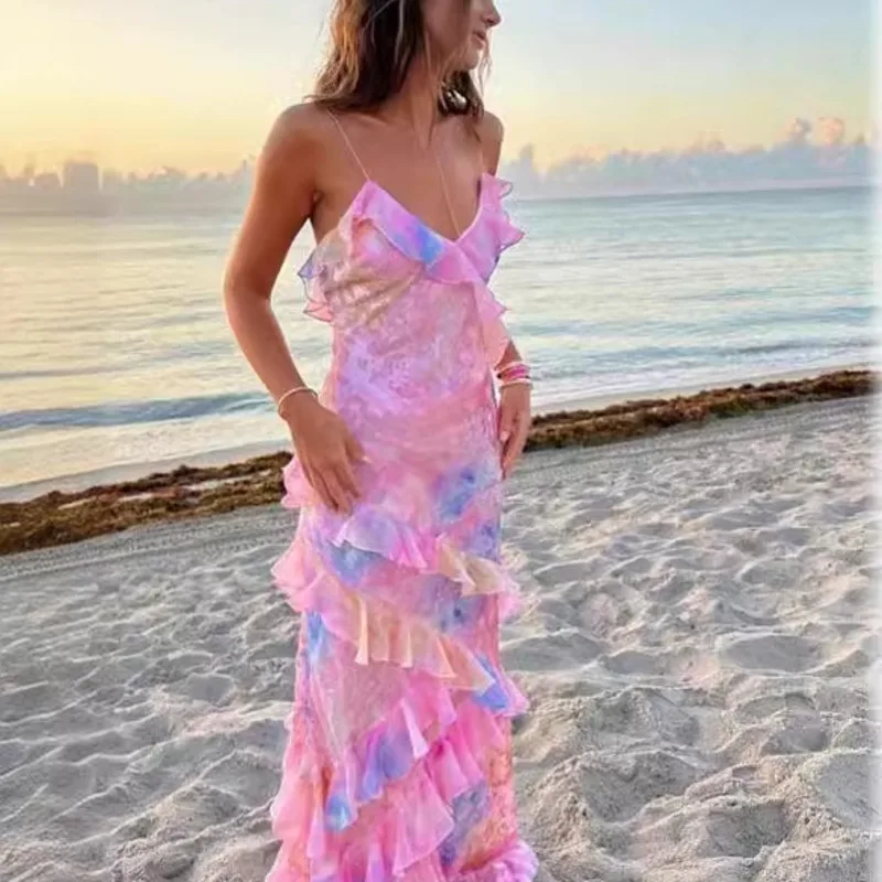 

2025 Summer Women's Dresses Fashion Print Sexy Spaghetti Strap Sleeveless Irregular Dress Elegant Beach Holiday Party Dress