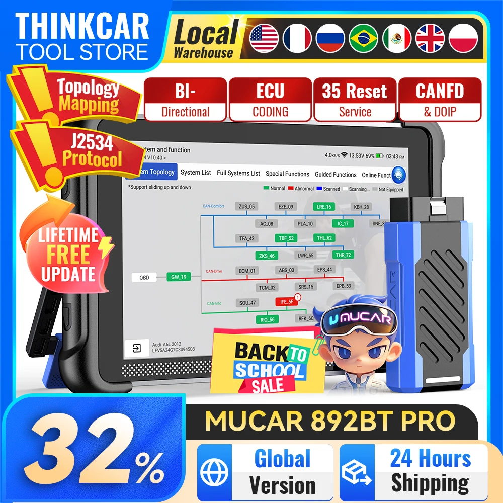 MUCAR 892BT PRO Diagnostic Tools with Topology Map J2534 CANFD DOIP Protocol Full System AI OBD2 Scanner 35 Reset Lifetime Free