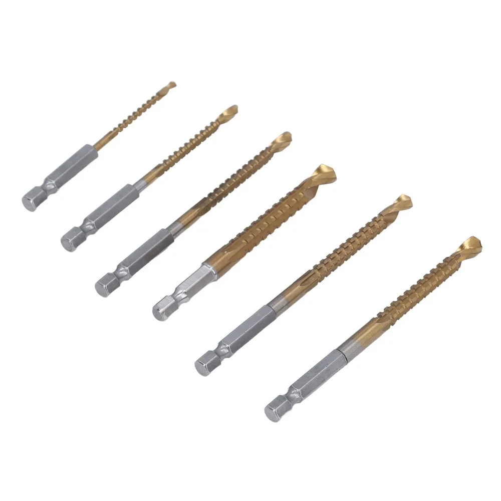 6pcs 3-8mm Sizes Twist Drill Bit Set 1/4in Hex Shank 135 Degree Split Point Hex Shank Drill Bits Ti Coated HSS