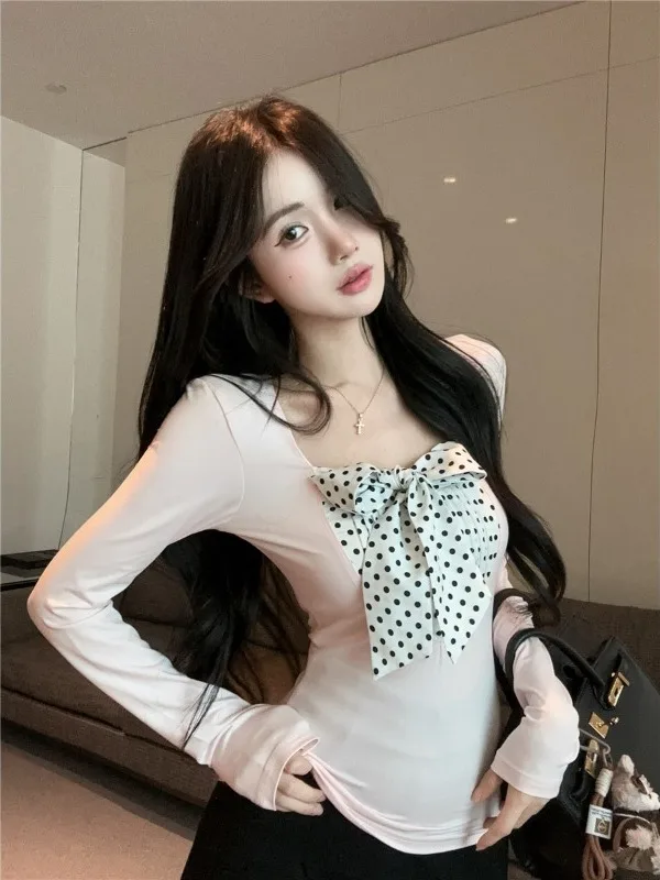 

Slim Fit Polka Dot Print Wrap Belted Knot Two Piece Look Base Top Women's Fashion Autumn Long Sleeve under Shirt