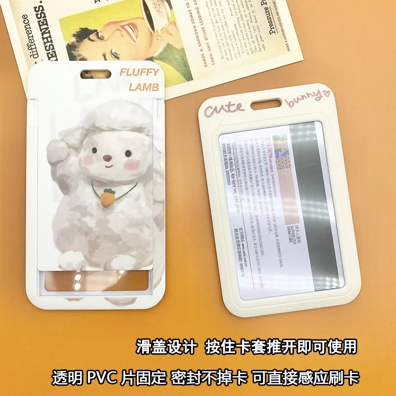 Smycz Cartoon Slide Card Sets ID Credit Card Holder Student Bus Cards Case Badge Holder Bear Print Card Cover with Hand Rope