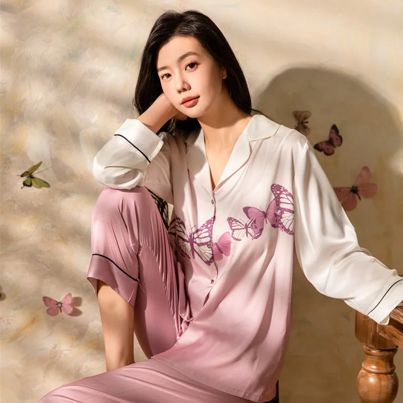 Spring Summer New Style Butterfly Print Satin Thin Ice Silk Pajamas For Women Elegant High Quality Loose Pure Pyjamas Sets Pj