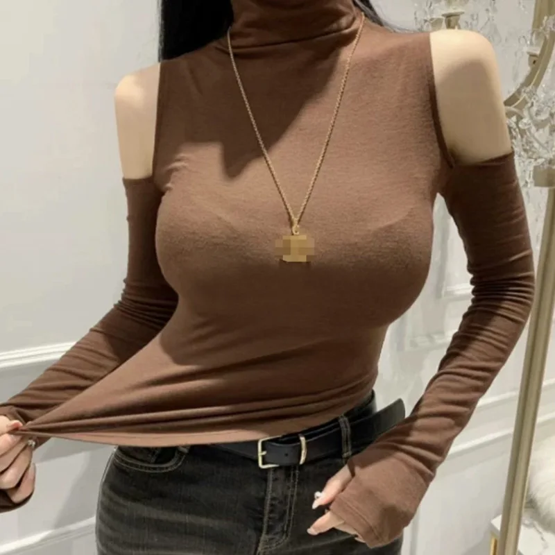 New Large Chest Sexy High Neck Exposed Arms Slim Fit And Versatile Casual Long Sleeved T-shirt Tight Fitting Comfort Tops RZMP