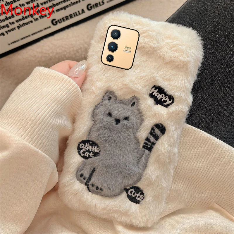 Korean Cute Cat Fur Fluffy Phone Case For VIVO Y35 Y15S Y76 Y33S Y22 Y21 Y20 Y16 Y12A V25 V23 V21 V20 Girl Gift Cover Soft Shell