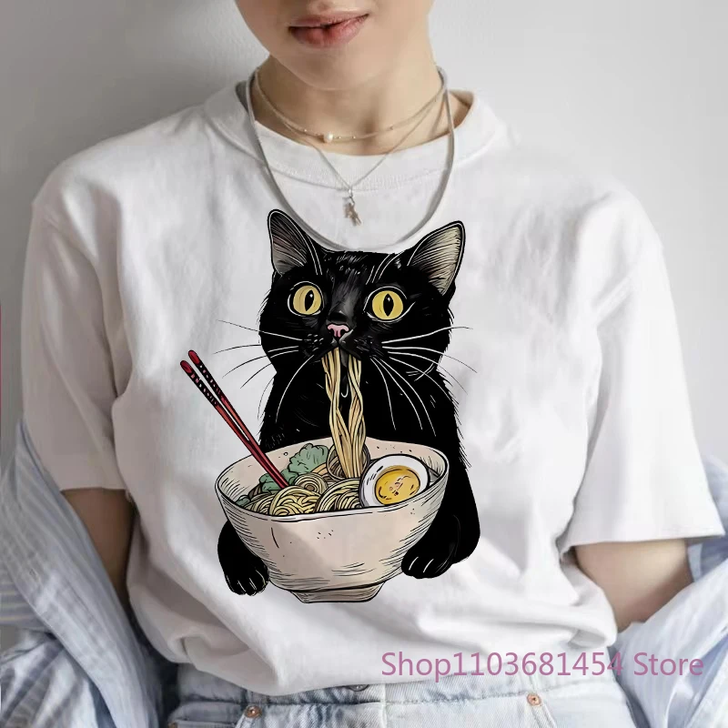 Female Noodle Ramen Cat T Shirt Foodie Lover T Shirts Black Cat T-Shirts Retro Casual Short Sleeve Tshirt Women Clothes