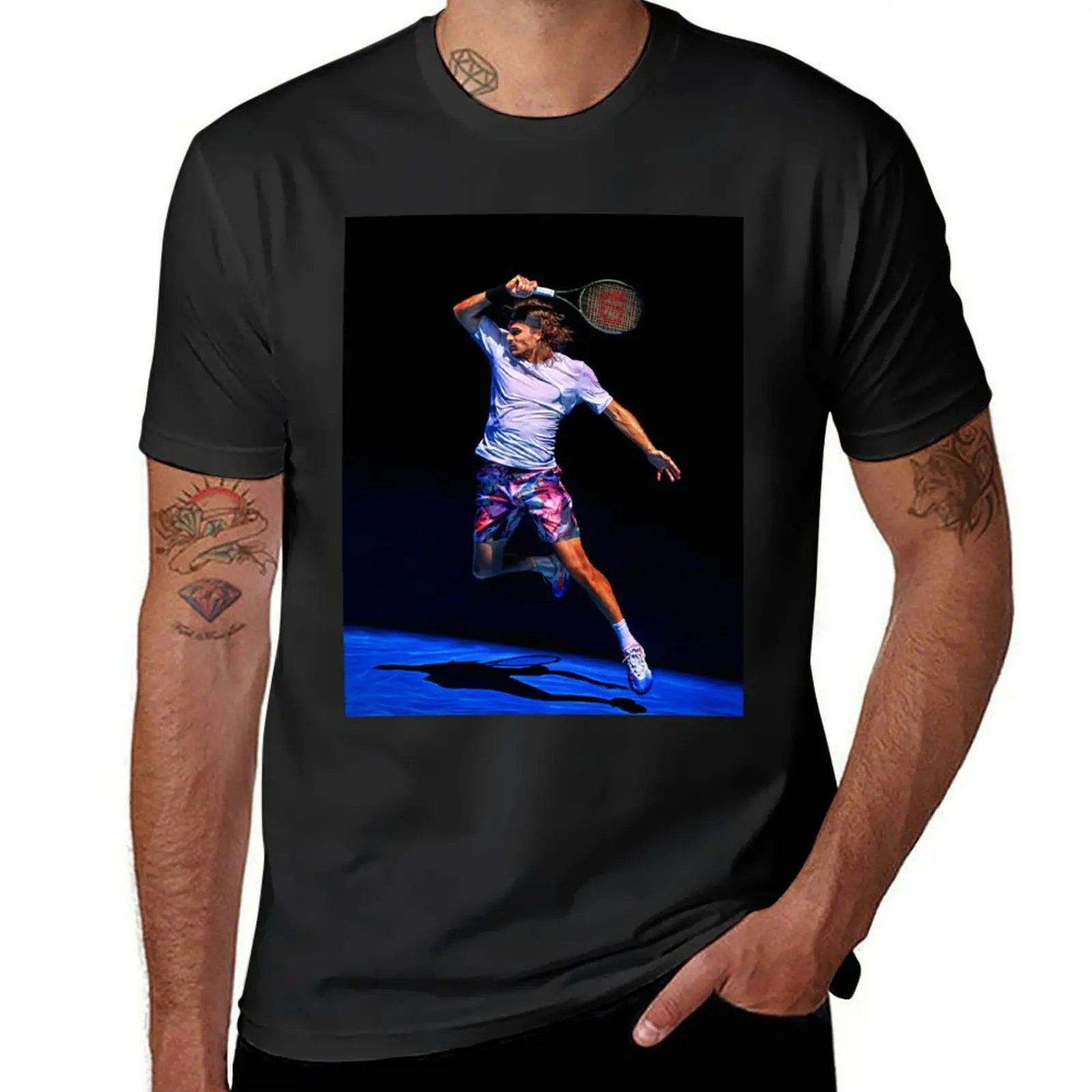 

Stefanos Tsitsipas of Greece plays forehand at Australian Open 2023. Digital artwork print wall poster. Tennis fan art g T-Shirt