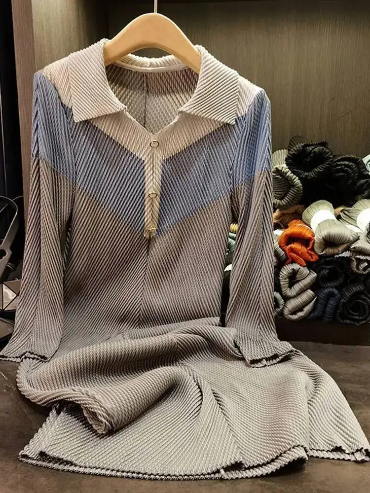 Patchwork Design Colorblock Pleated Dress For Women 2025 New Laple Pullover Long Sleeve Straight Dresses Chic 288XQ