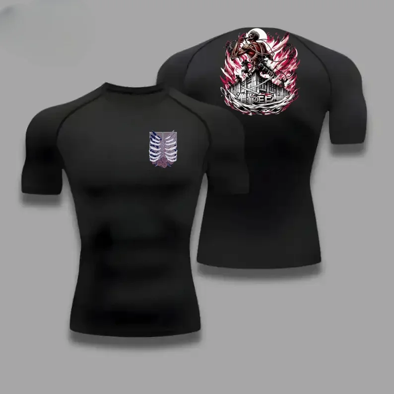 

Men Summer Athletic Compression T-Shirt Breathable Quick-Dry High-Elasticity Short Sleeve Tee with Bold Eren Yeager Graphic Gym