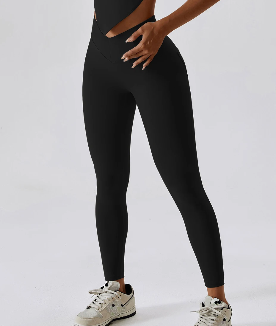 V-waist elastic sports leggings, women's peach hip lifting running, quick drying yoga pocket pants