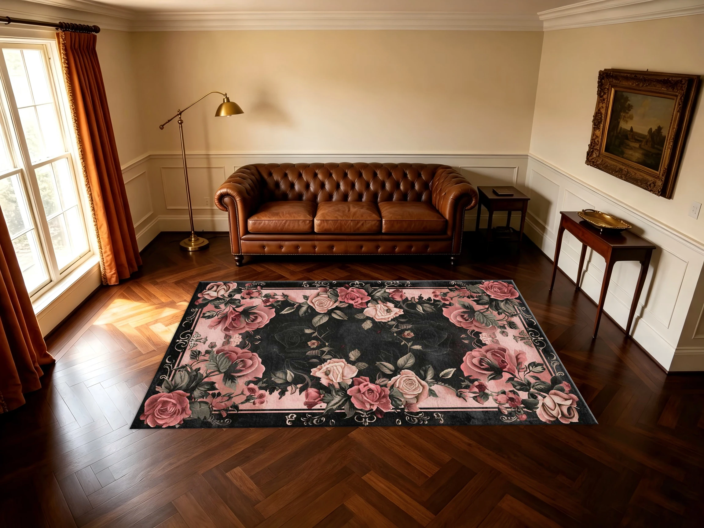 Black Pink Gothic Rose Square Area Rug Vintage Large Floral Rose Border Non-Slip Floor Carpet for Bedroom Living Room Home Decor