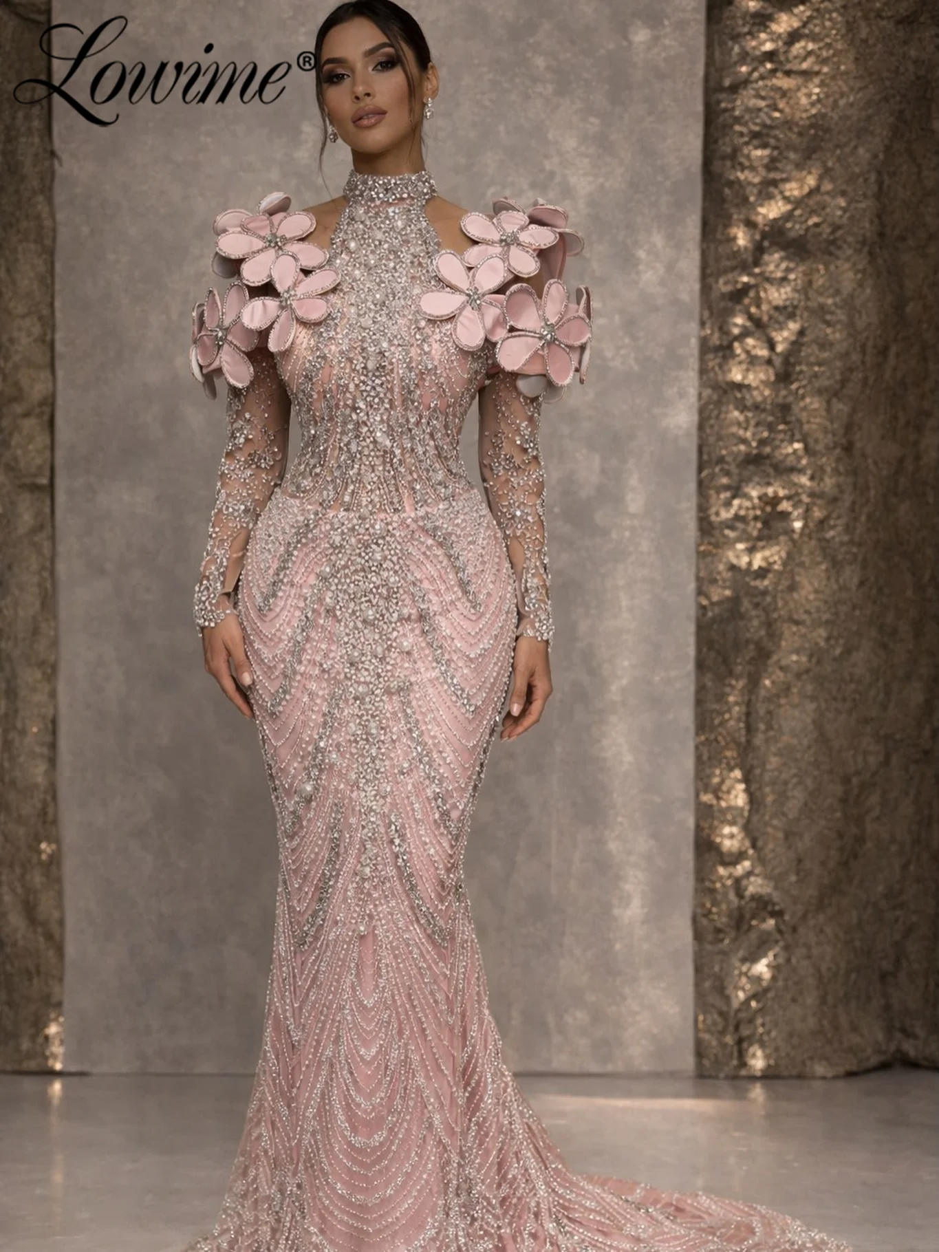 

Exquisite Pink Evening Dress 2026 Long Sleeves Handmade Floral Mermaid Diamonds Pearls Wedding Party Gowns Prom Dress Customized