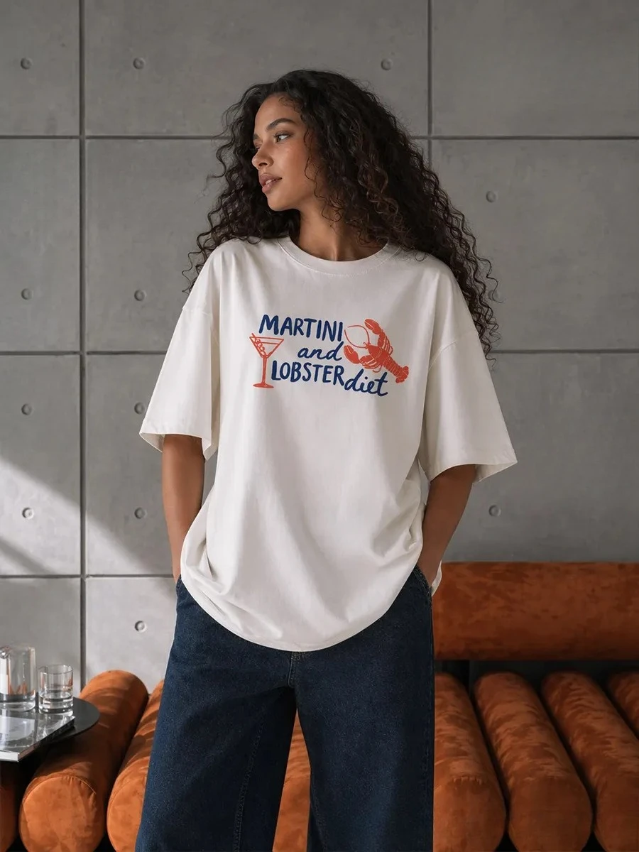 T-shirt décontracté pour femme, imprimé homard marin, style Y2K, col rond, confortable et tendance