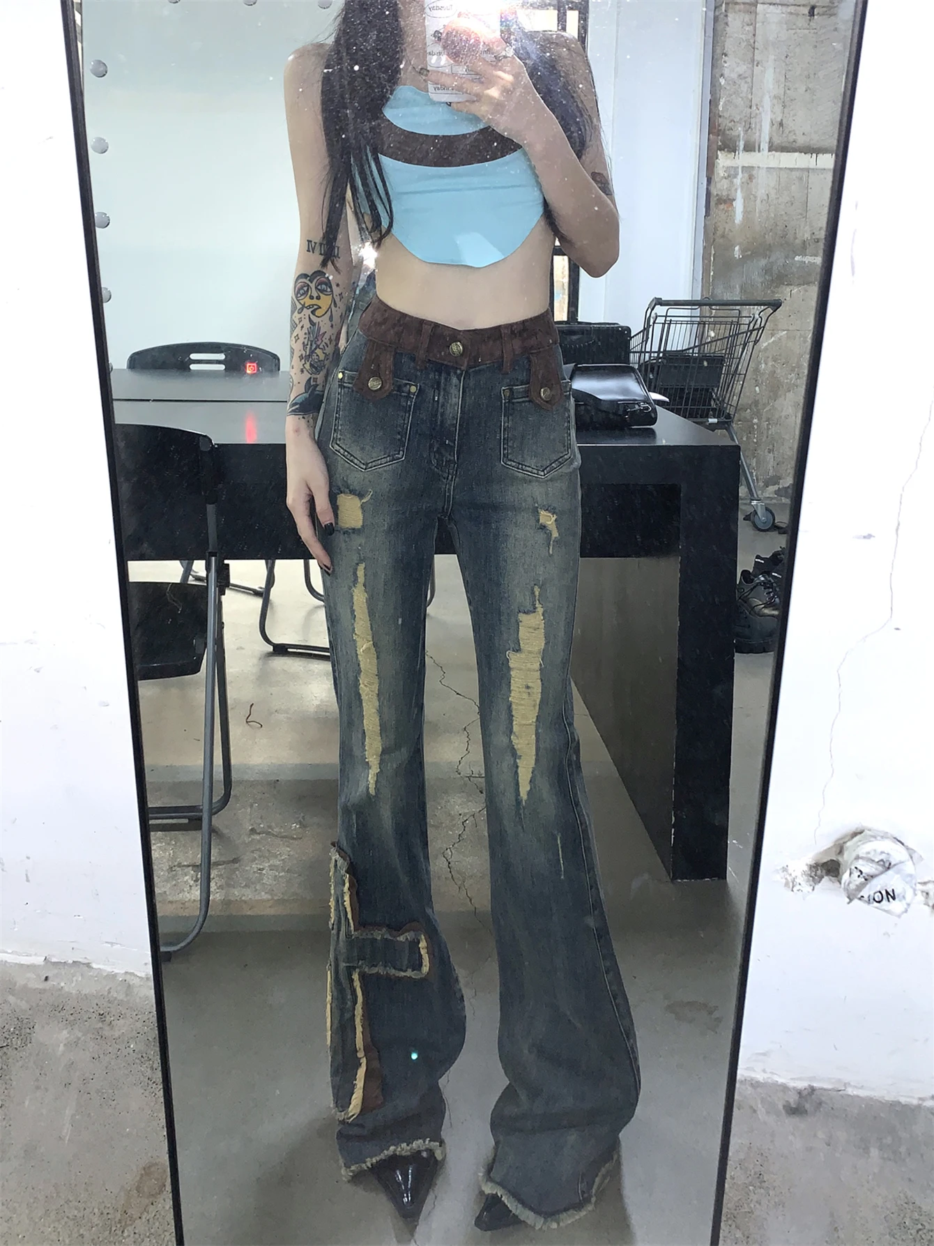 ReddaChic Cross Patchwork Bootcut Pants for Women Destroyed High Rise Slim Trousers Y2k Flare Jeans 90s Retro Korean Streetwear