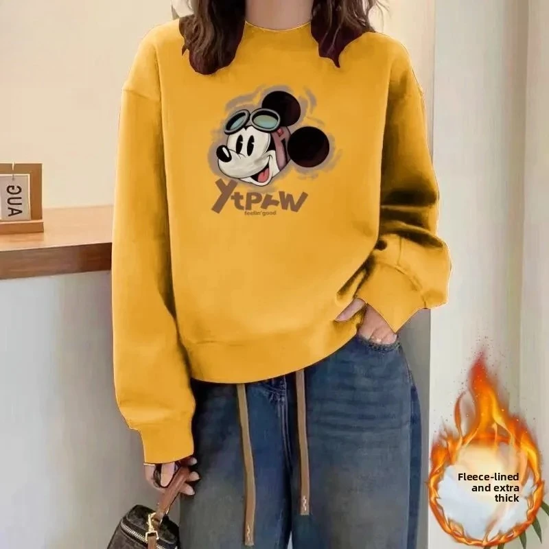 Mickey Mouse grijs sweatshirt - met fleece gevoerde, verdikte oversized grafische tekst, trendy casual herfst-wintertop