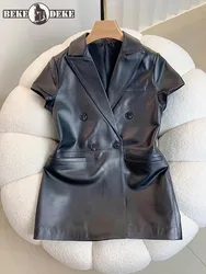 New Women Sheepskin Genuine Leather Vest Jacket Double Breasted Slim Fit High Waist Medium Long Office Lady Fashion Waistcoat