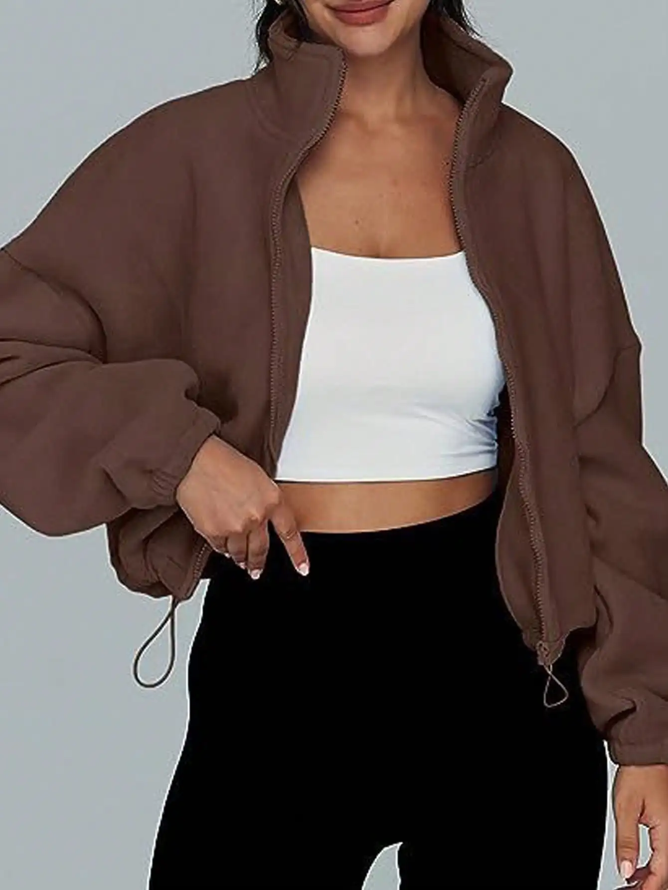 Veste courte en polaire de printemps pour femmes avec fermeture éclair et cordon de serrage