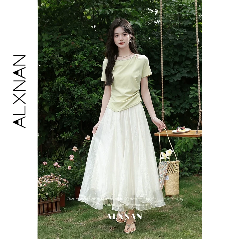 

ALXNAN Green T-shirt Embroidery Bow Neck Irregular Hem Short Sleeve T-shirts Women New Summer Elegant Casual Ladies Tops L65033