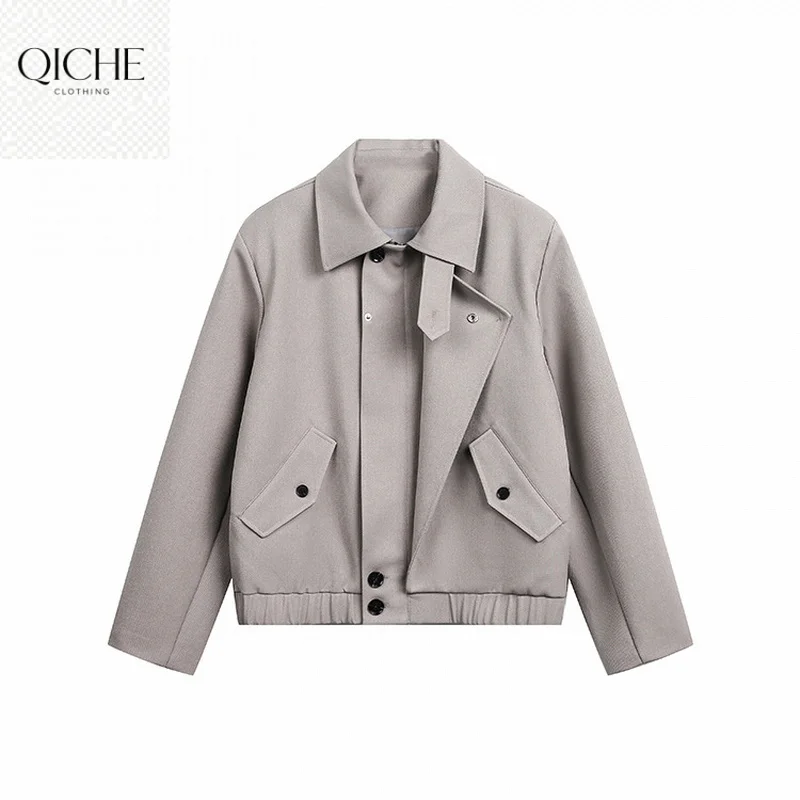 QICHE Gray Textured Workwear Coat Unisex Asymmetric Placket Black Button Seam Design Loose Casual Outer Jacket