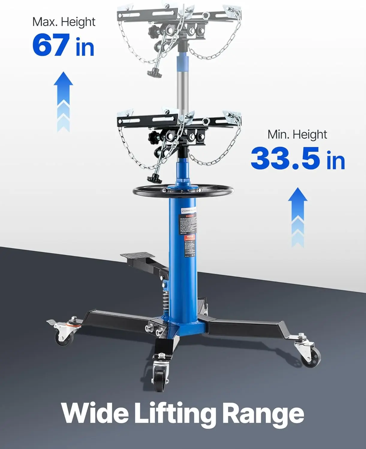 แม่แรงไฮดรอลิกแบบยืดหดได้, รับน้ำหนักได้ 1100 ปอนด์, ช่วงยก 33-67 นิ้ว พร้อมแป้นเหยียบและล้อหมุน สำหรับใช้ในโรงรถ