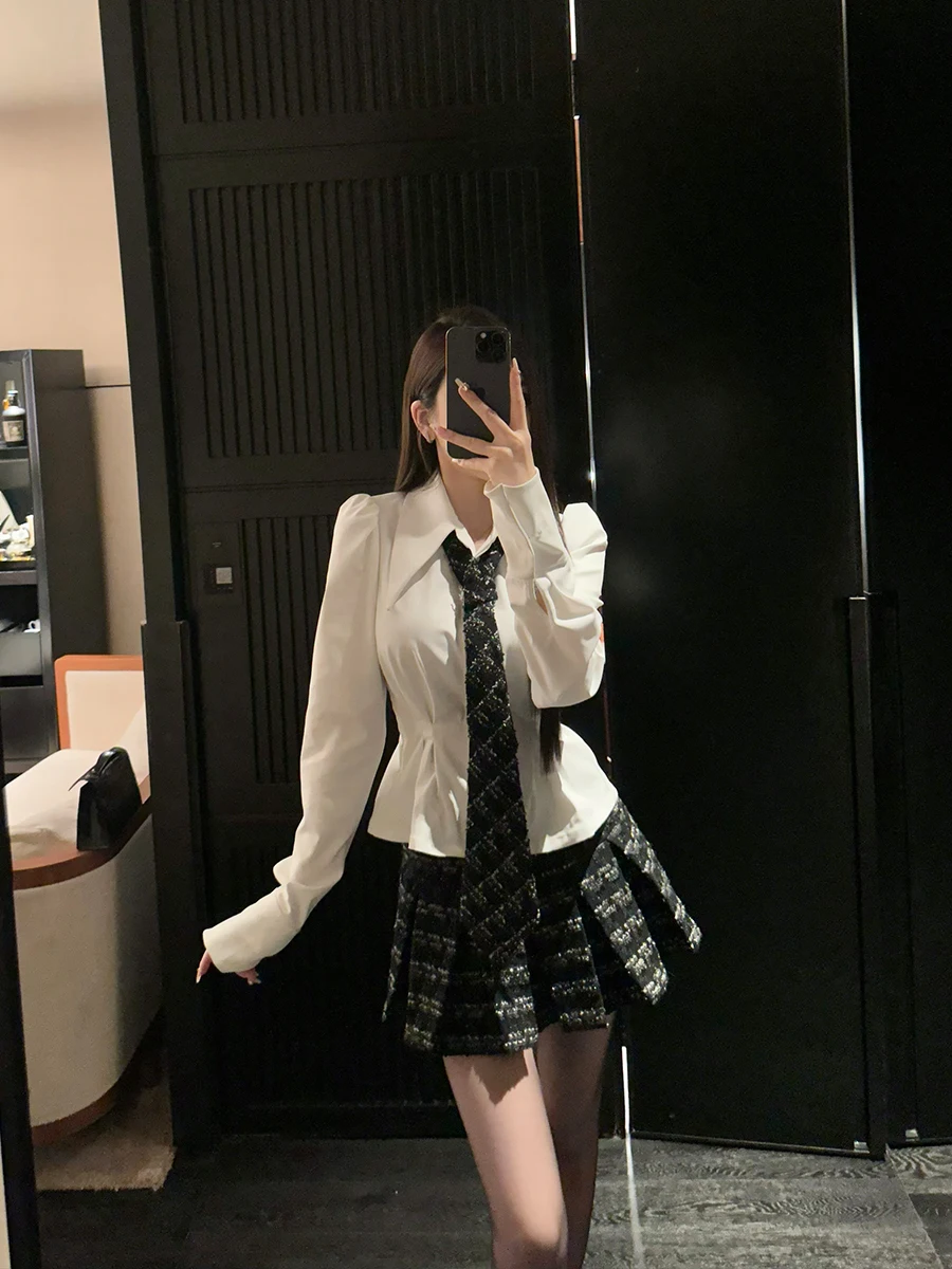 

Pure SX Agel Academy Sle irt с пузырьковыми песками и галстуком-бабочкой Bla Белая юбка в клетку Ele Корейский женский комплект Sle