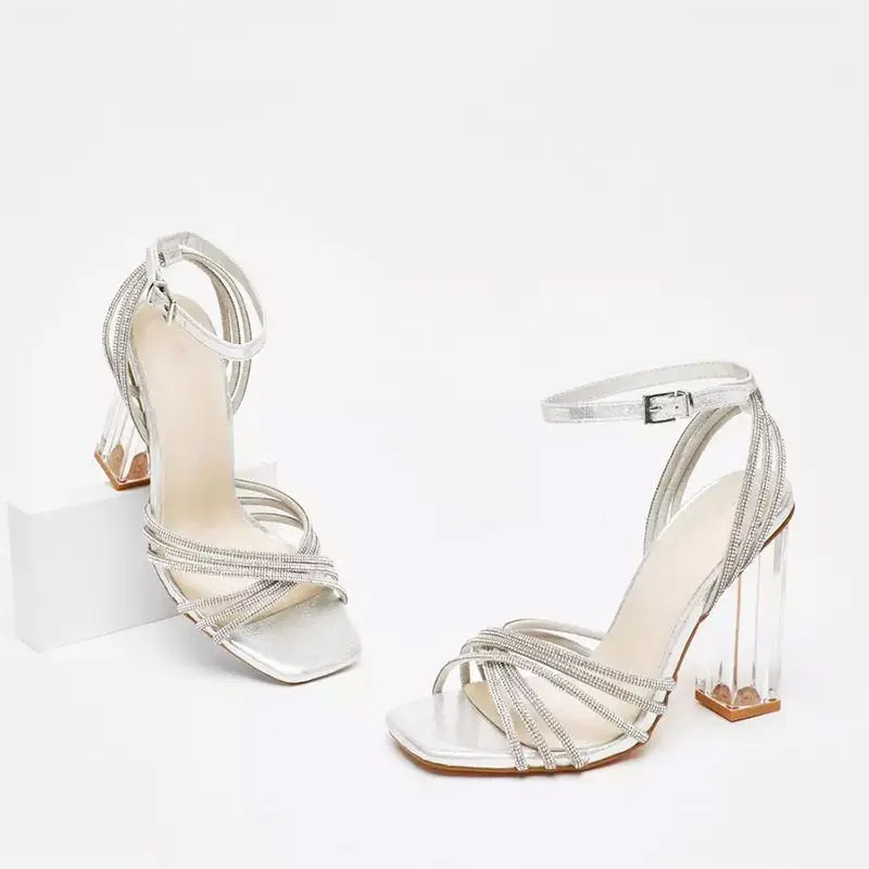 

Faionable Crystal Rhinestone Cross Band Square Toe High Heels Women's Sandals Ele Roman Sle PU Upper Rubber Sole