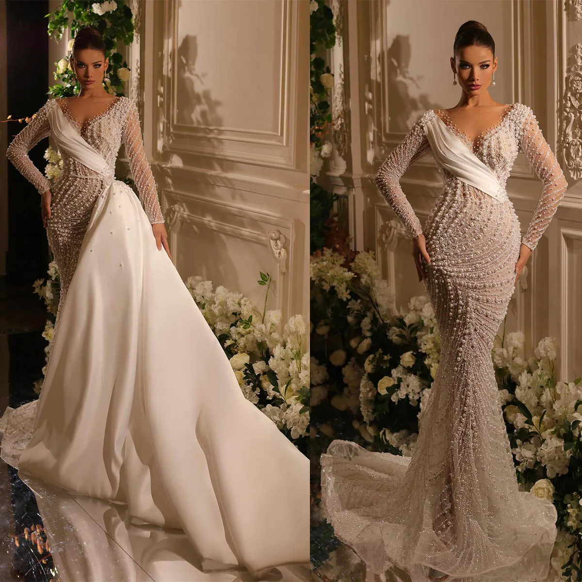 Gorgeous Mermaid Wedding Dress V-neck Whole Body Pearls Long Sleeves Applicants Detachable Train Custom Made Vestidos De Novia