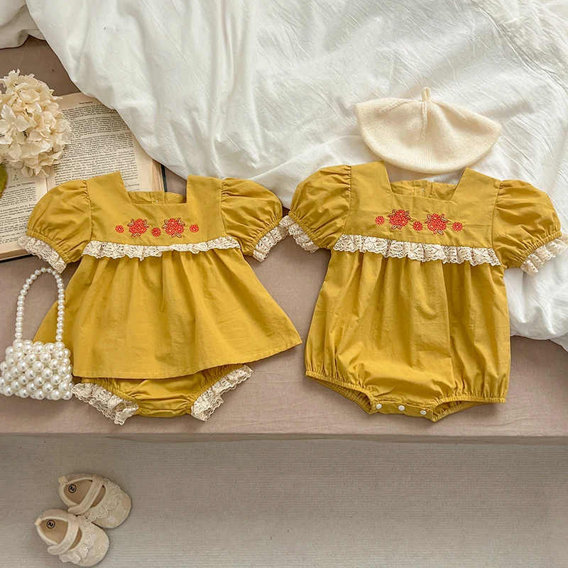 Summer Baby Suit Flower Embroidered Short Sleeved Top +Flower Bread Shorts 2piece Set For Baby Girl Romper Clothing Set 0-24M