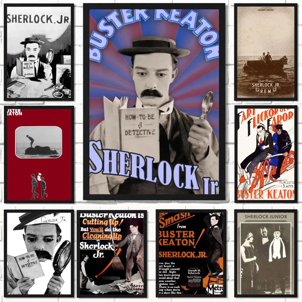 classic movie S-Sherlock Jr-R Poster Self Adhesive Wall Decor for Modern Home Cafe Office and Bar