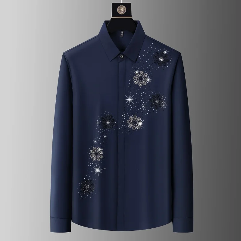 Silky Covered Button Shirts For Men Long Sleeve Hotfit Rhinestone Summer Top Quality Seamless Soft Comfortable Camisas De Hombre