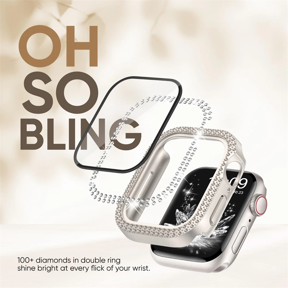 Diamond case+strap For Apple watch bands 45mm 41mm 38mm 42mm 44mm 40mm bracelet+Screen Protector+Bumper series 10 9 8 7 6 5 4 SE