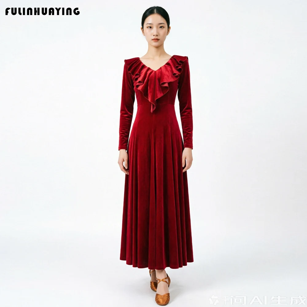 New Modern Dance Performance Dress, Velvet Dress for Ballroom Dance Competition, Social Dance Practice Outfit, Waltz Tango Quick Step Practice Clothing