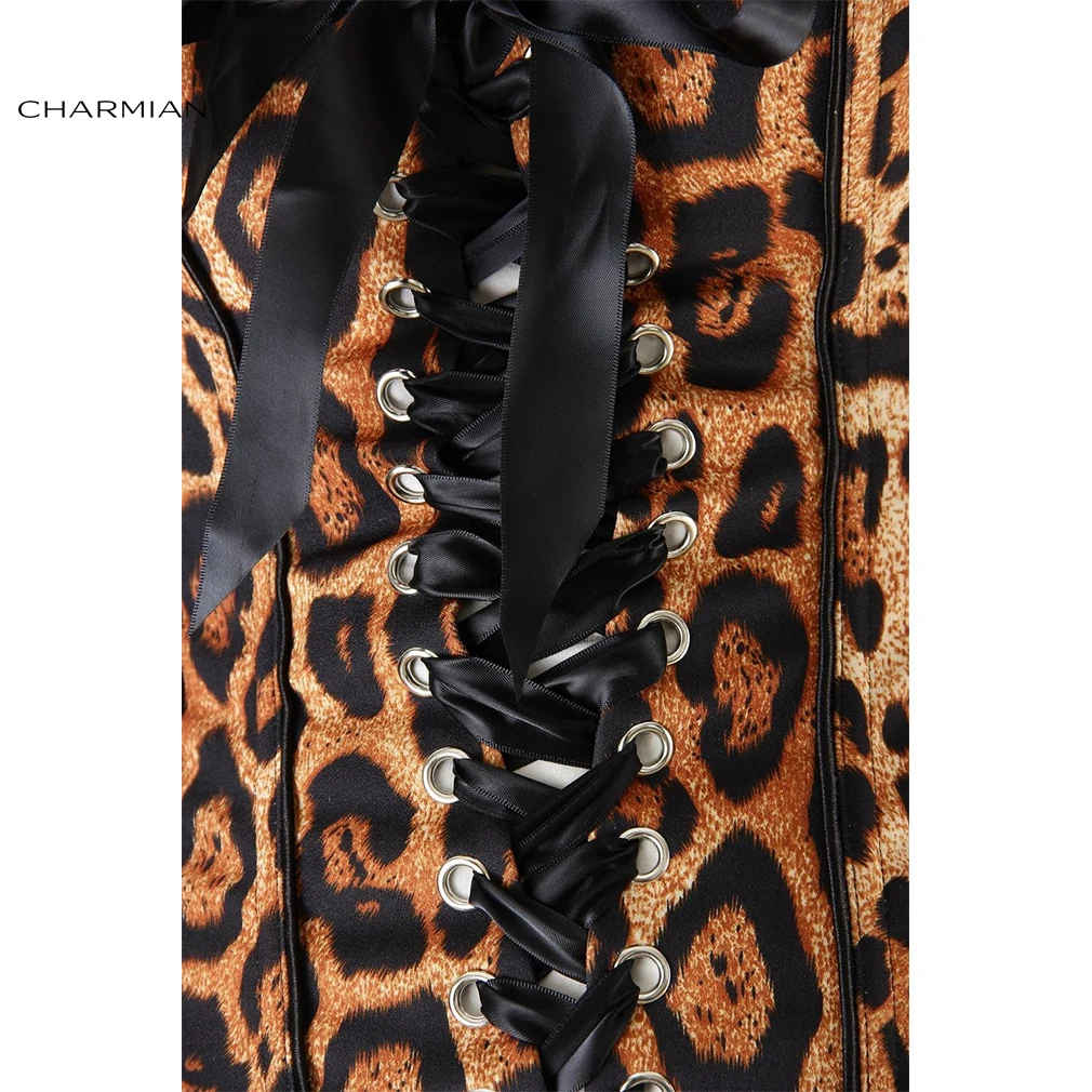 Charmian-corsé de leopardo Sexy para mujer, corsé sin tirantes con volantes recortados, tentación, huesos de plástico, corsé burlesco por encima del busto, corpiño marrón